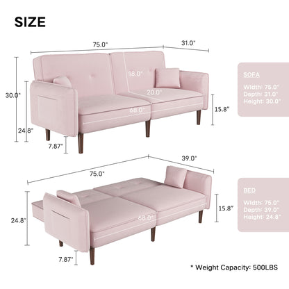 Pink Velvet Convertible Sofa Bed – Wood Legs