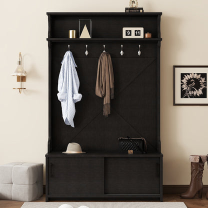 Hall Tree with Sliding Door and Hooks Black
