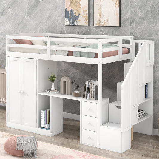 Loft Bed with Wardrobe and Storage Drawers White