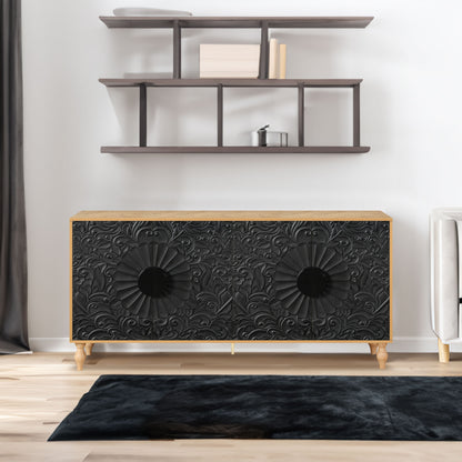 Carved Black TV Console with Wood Frame
