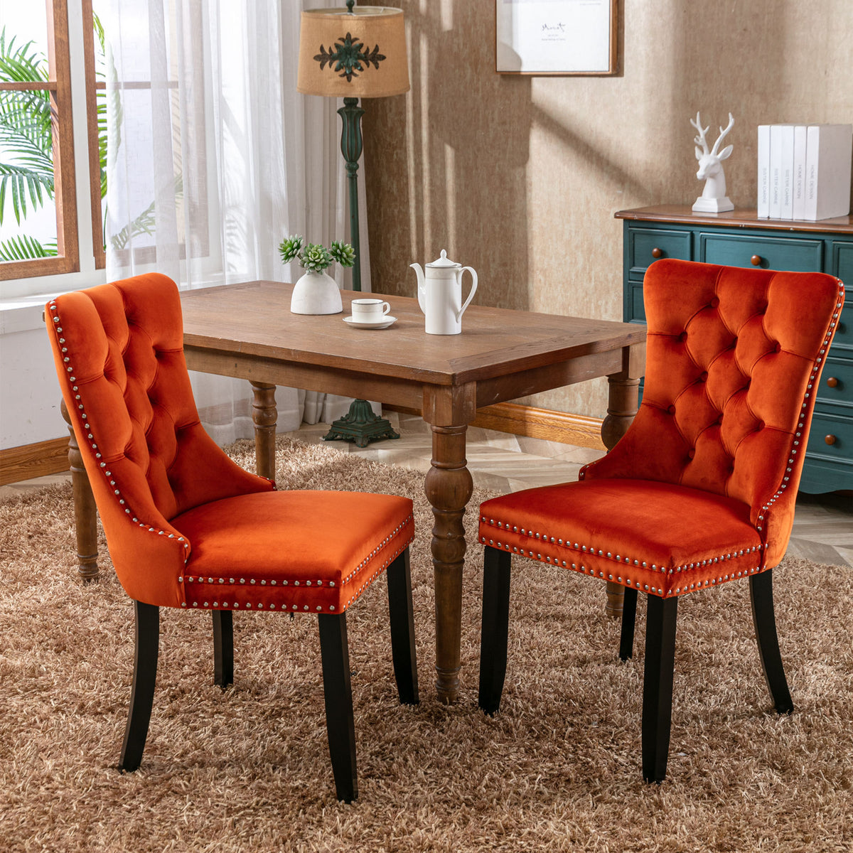 Nikki Tufted Linen Dining Chair Set (2 pcs) – Orange