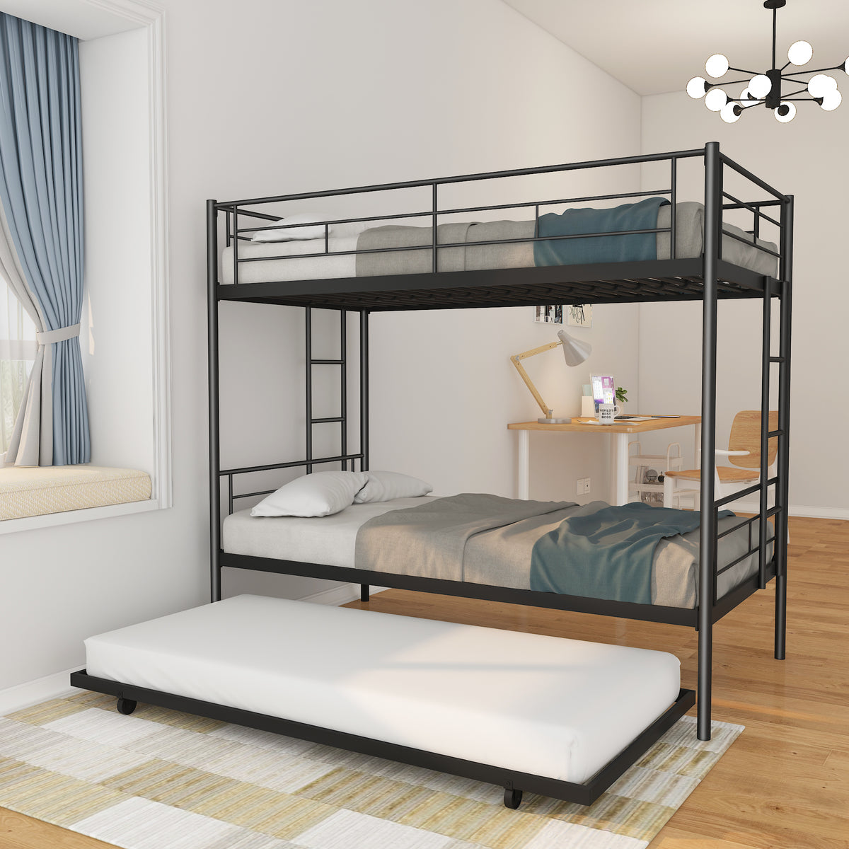 Twin Bunk Bed with Trundle Reinforced Frame