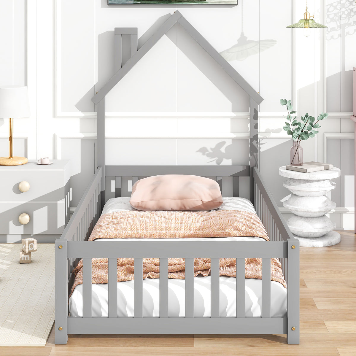 Twin House Bed with Fence Gray