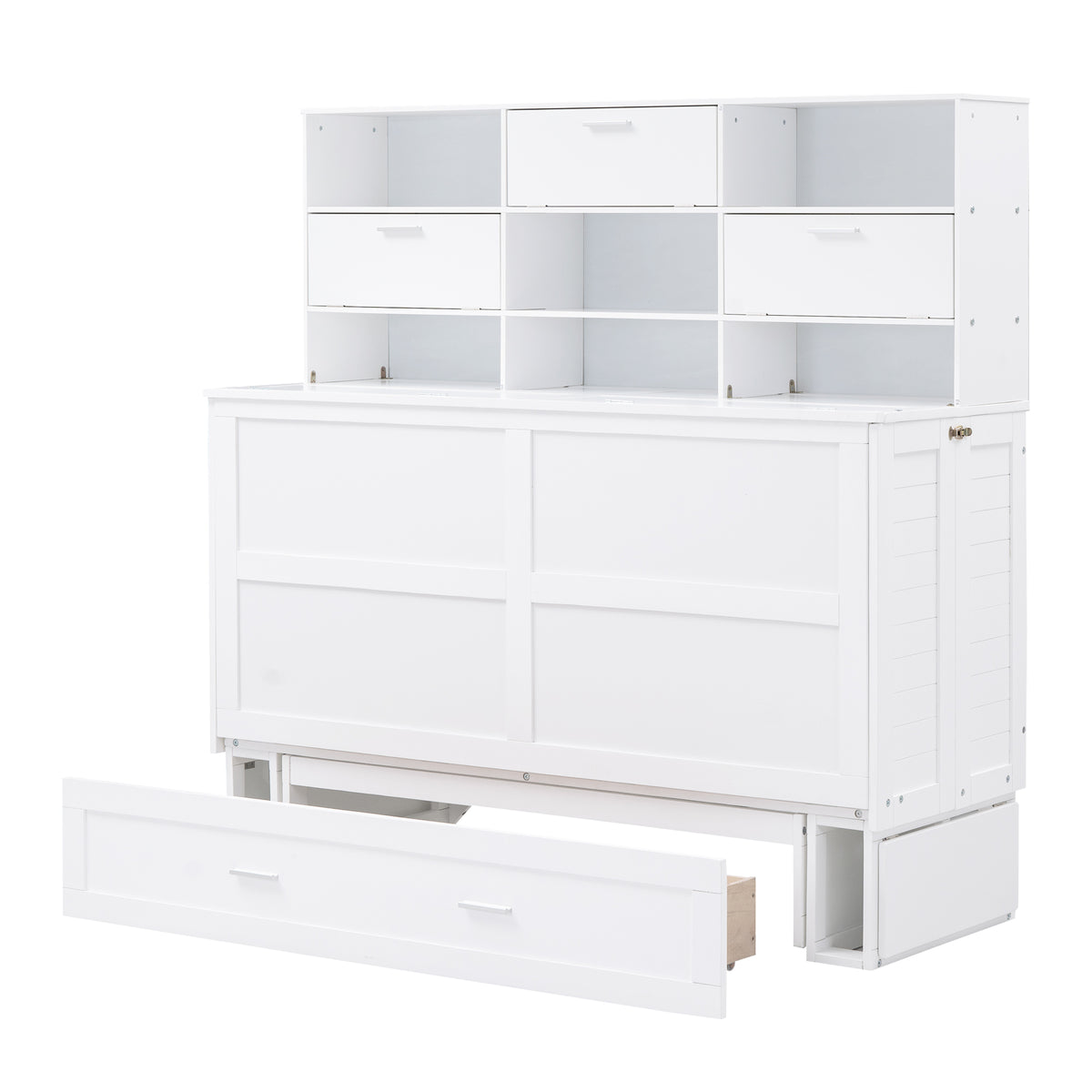Queen Murphy Bed with Bookcase Storage – White