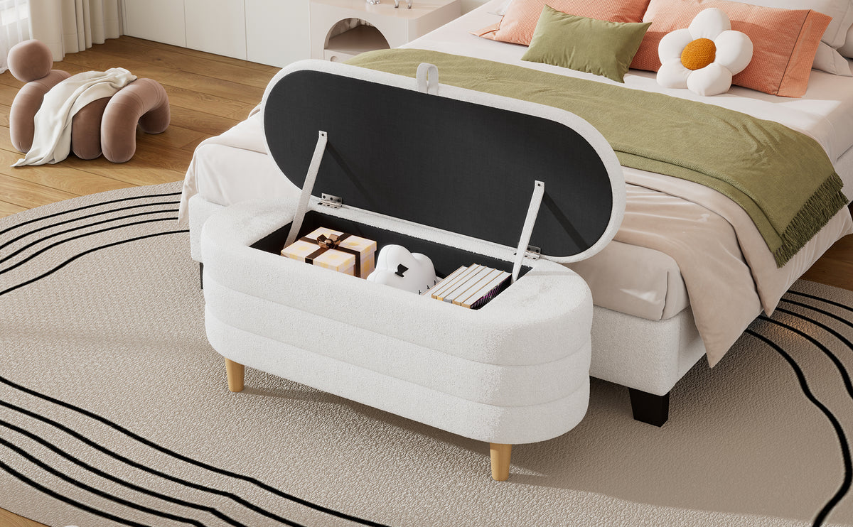 Sherpa Fabric Storage Ottoman Bench – White