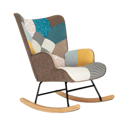 Mid-Century Rocking Chair with Ottoman – Patchwork Linen
