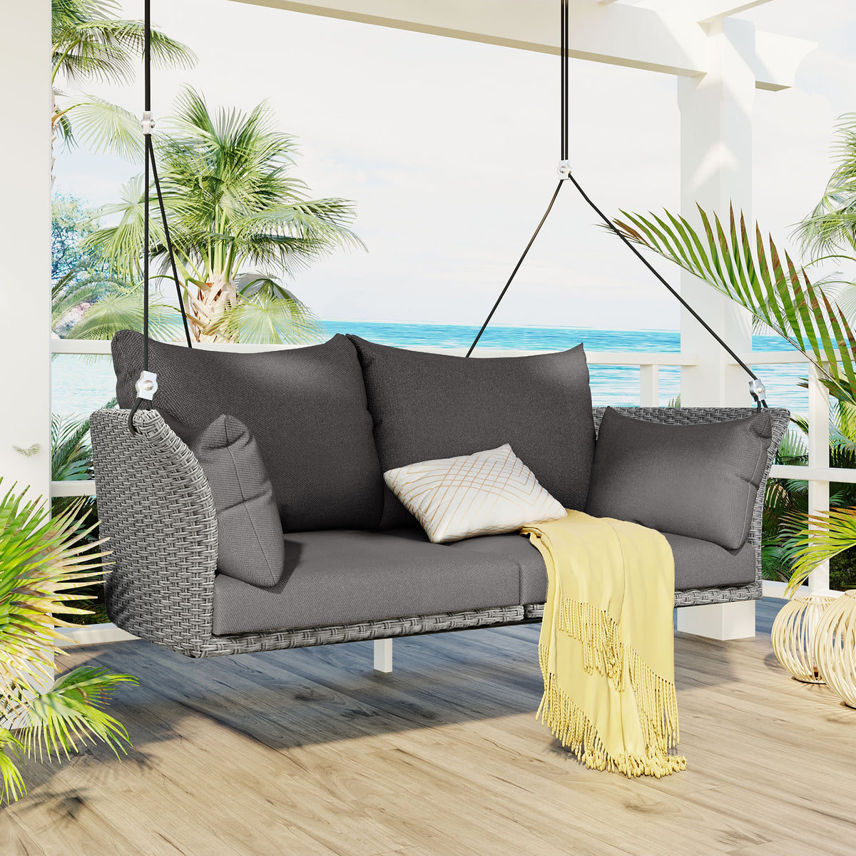 Hanging Swing Chair with Ropes Wicker Cushion