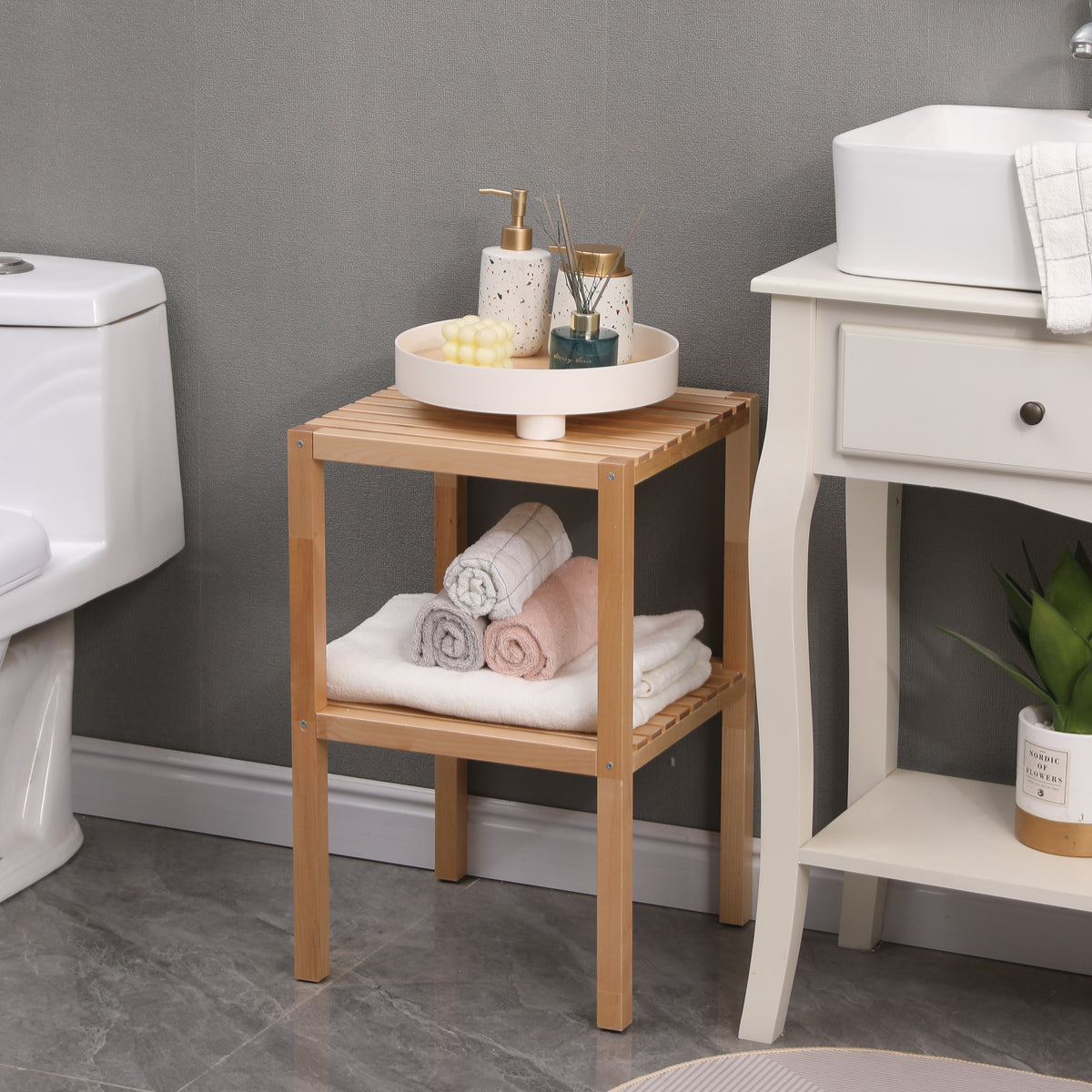 Natural Birch 3-Tier Bathroom Storage Shelf – Solid Wood Freestanding Organizer Rack
