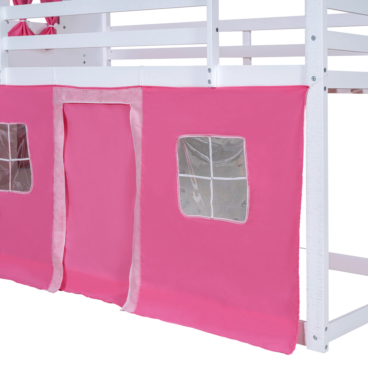 Twin Bunk Bed with Tent Pink White