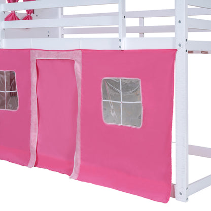Twin Bunk Bed with Tent Pink White