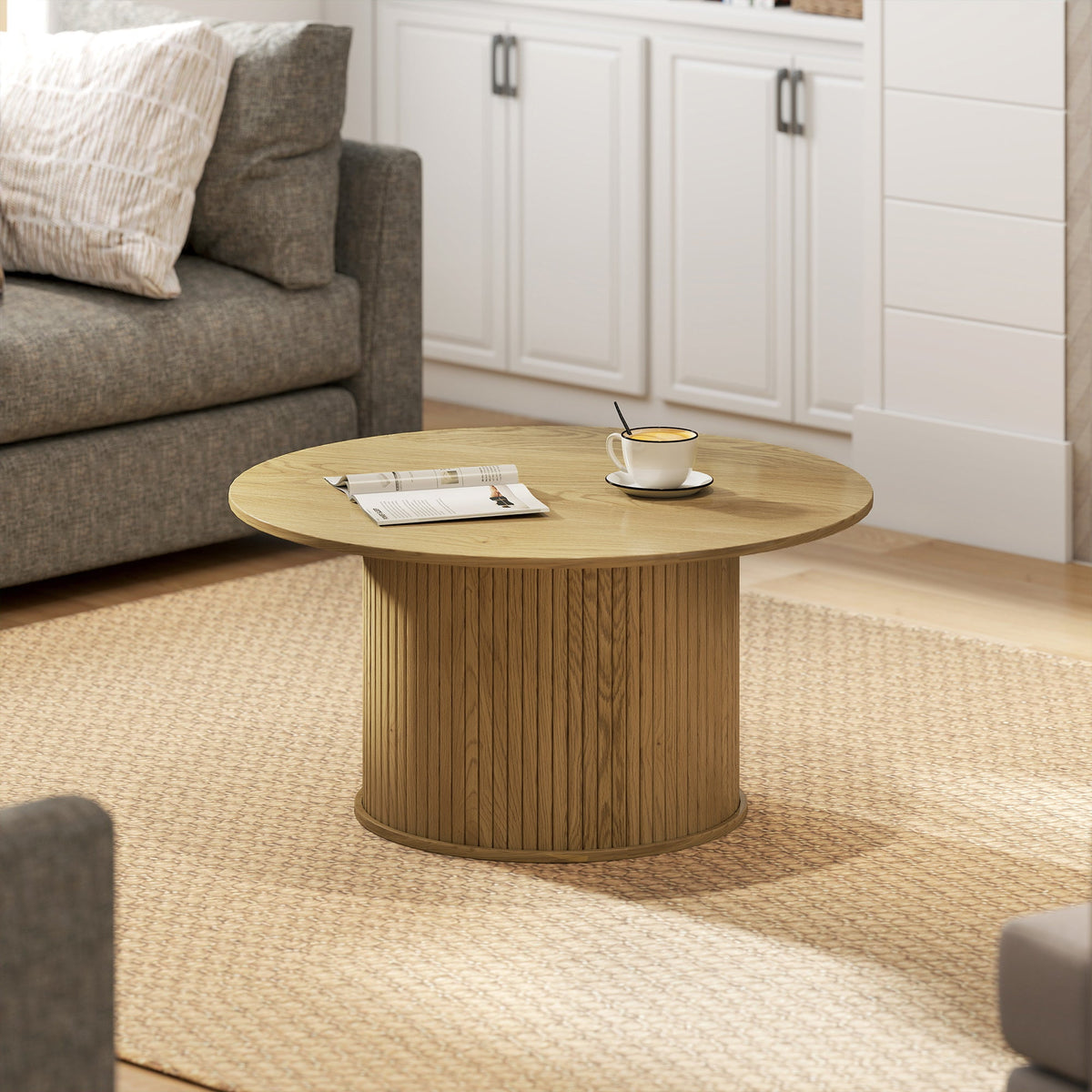 Cedar 31.5" Modern Nordic Style Center Table with Fluted Base-Oak