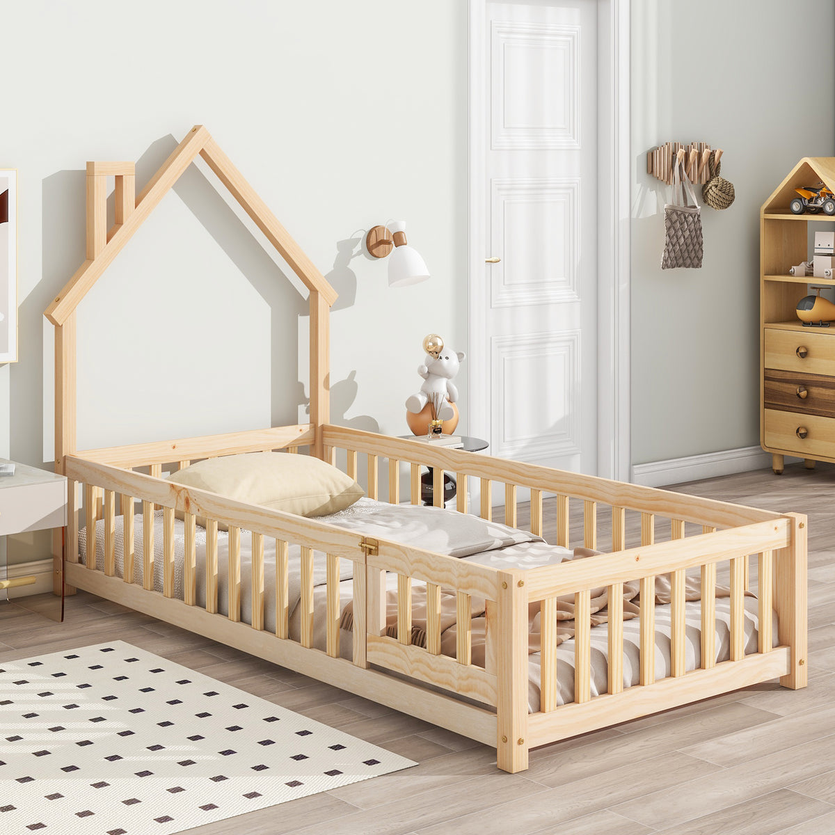 Metal House Floor Bed with Fence – Natural