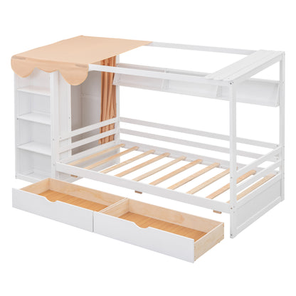Twin House Bed with Wardrobe White