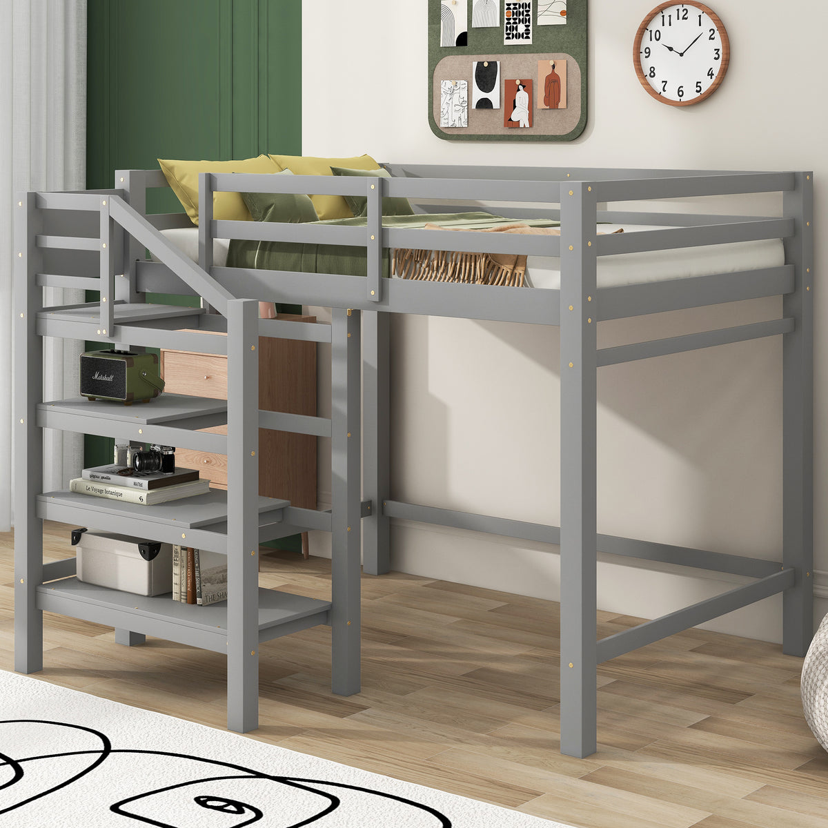 Full Loft Bed with Built-in Storage Gray