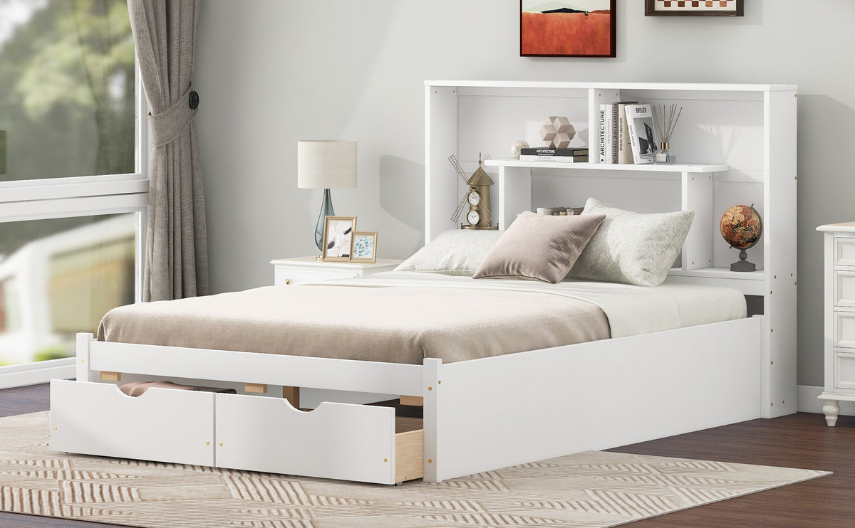 Full Platform Bed with Storage Headboard White