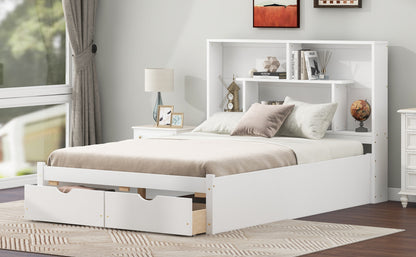 Full Platform Bed with Storage Headboard White
