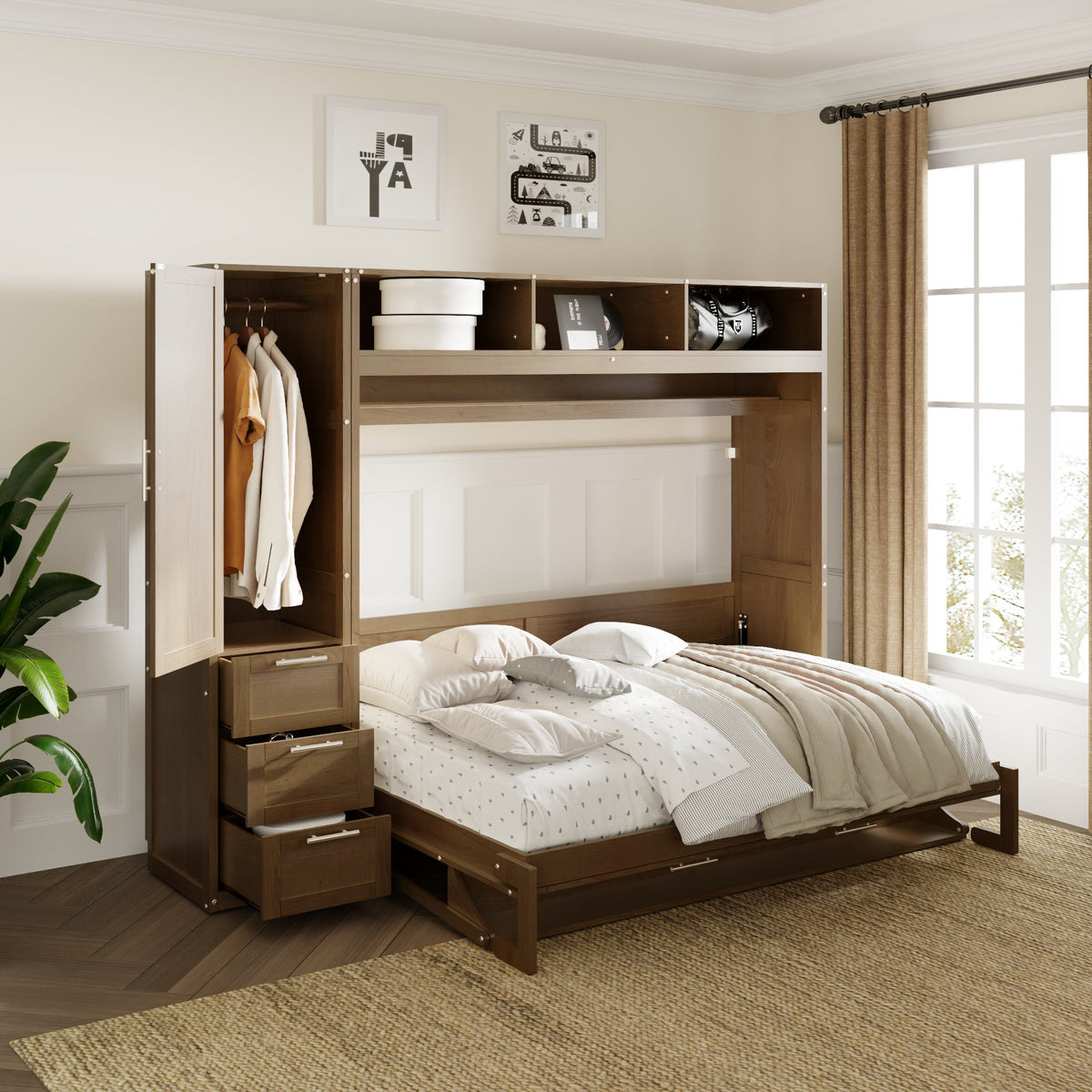 Antique Grey Murphy Bed with Storage Drawers