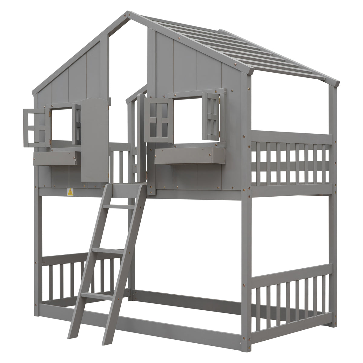 Twin House Bunk Bed with Ladder Grey