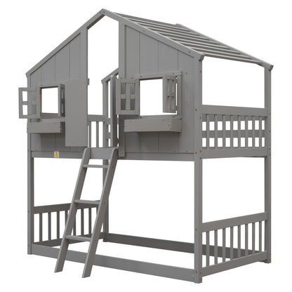 Twin House Bunk Bed with Ladder Grey