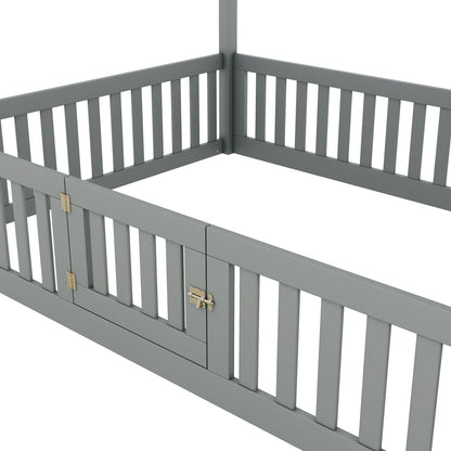 Full Wood Bed with Fence and Door Gray