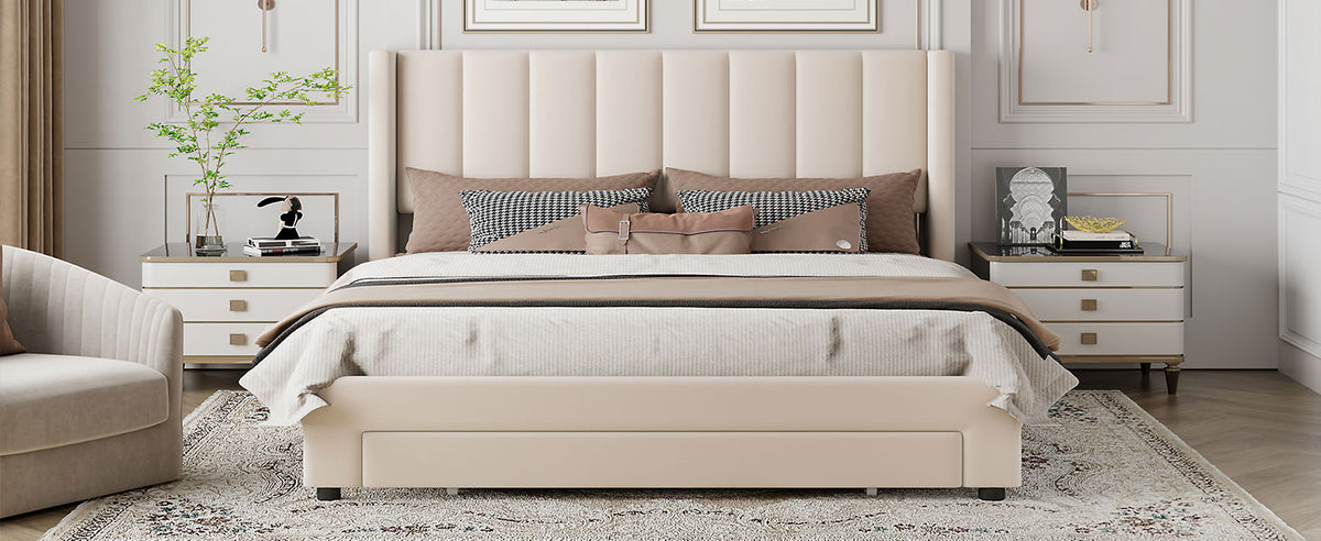 Queen Velvet Storage Bed Beige