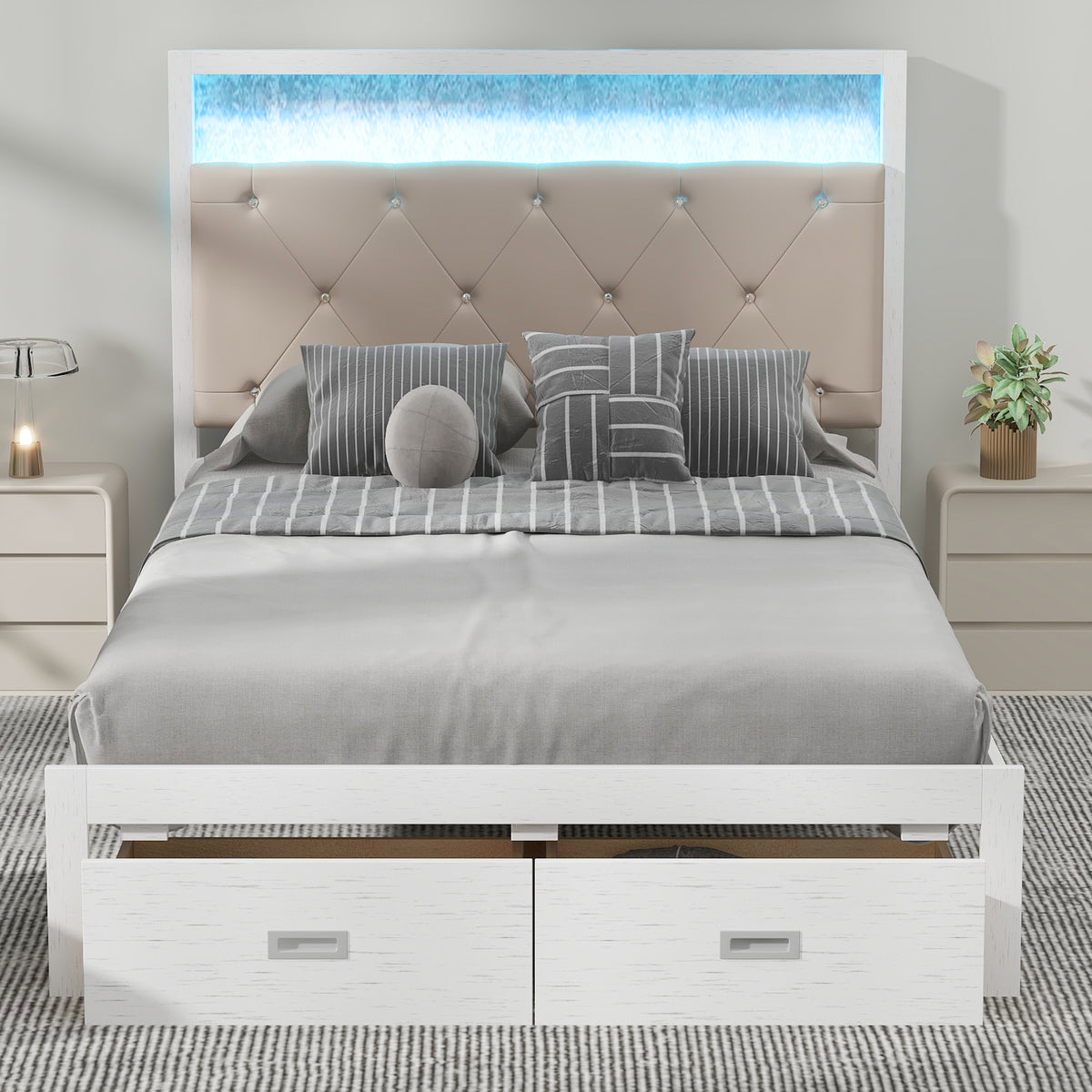 Full Platform Bed with LED Headboard White