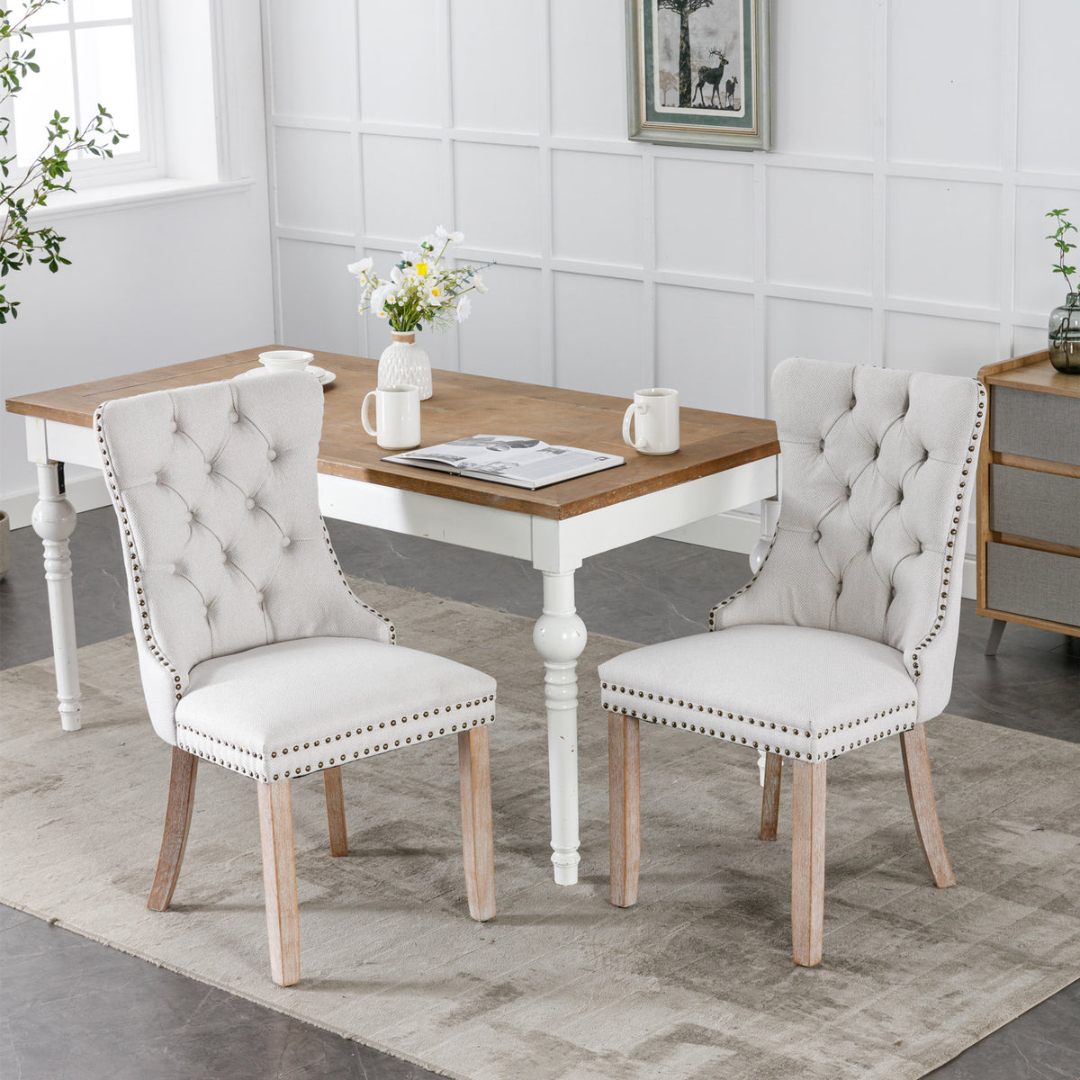 Nikki Tufted Linen Dining Chair Set (2 pcs) – Beige and Gray