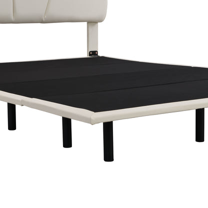 Upholstered Queen Bed with PU Headboard Beige