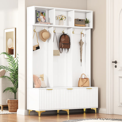 Luxury Storage Hall Bench with Gold Hooks Gray