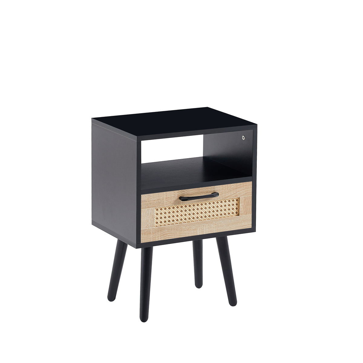 Rattan End Table with Drawer Black