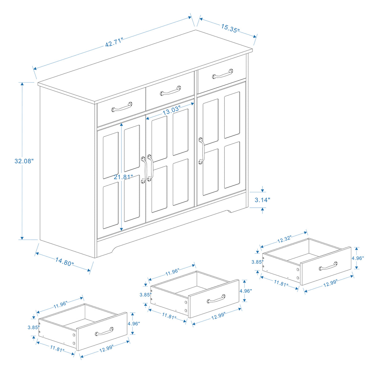 Farmhouse Buffet Sideboard – White 3-Door Cabinet