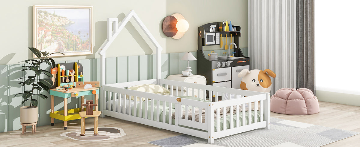 Twin Floor Bed with Fence – White Finish