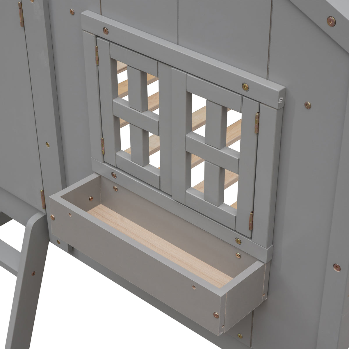 Twin House Bunk Bed with Ladder Grey