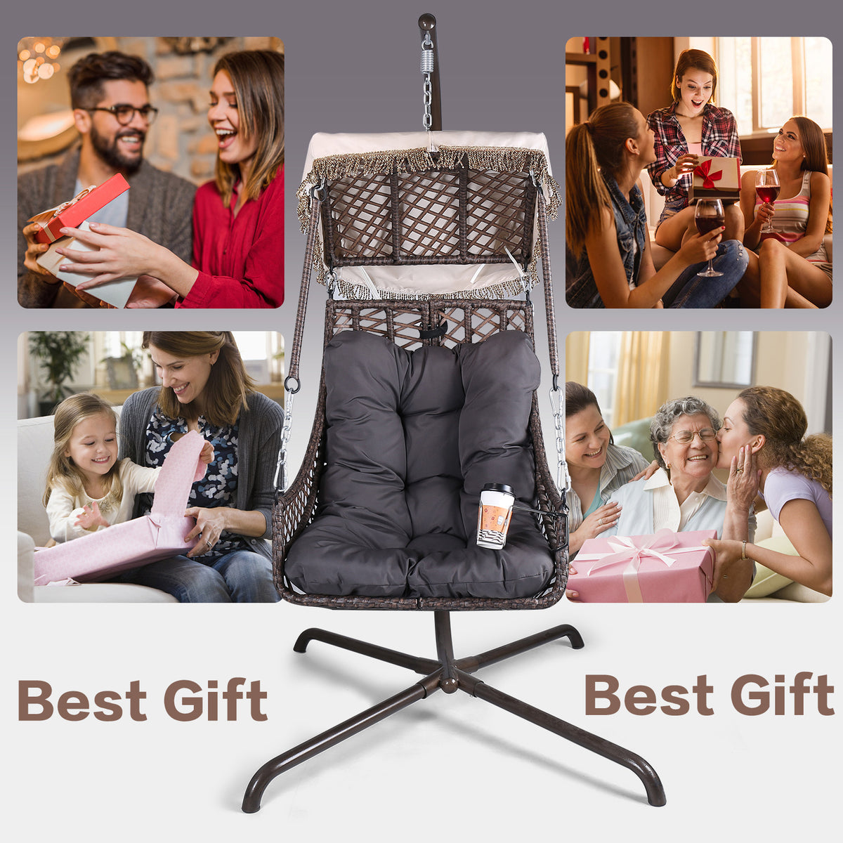 Rattan Swing Egg Chair with Stand Beige