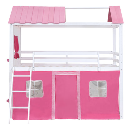 Twin Bunk Bed with Tent Pink White