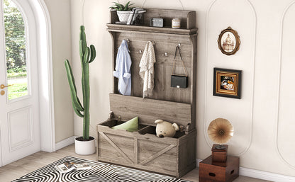 Oak Hall Tree with Hooks, Shelves, and Storage Bench