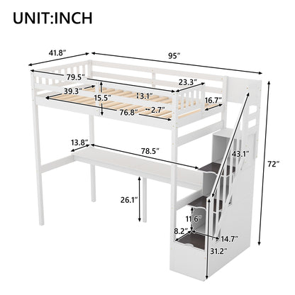 Twin Loft Bed with Staircase and Desk White