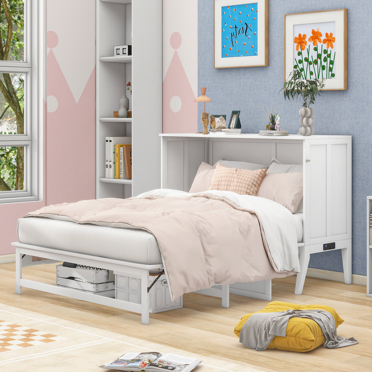 Queen Size Murphy Bed with USB Ports and Storage Shelf