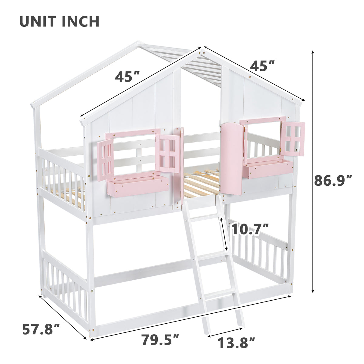 Twin House Bunk Bed with Ladder Pink White