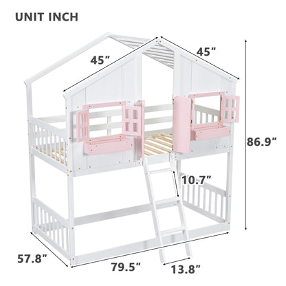 Twin House Bunk Bed with Ladder Pink White