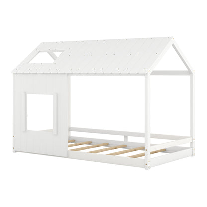 Twin House Bed with Roof Frame White