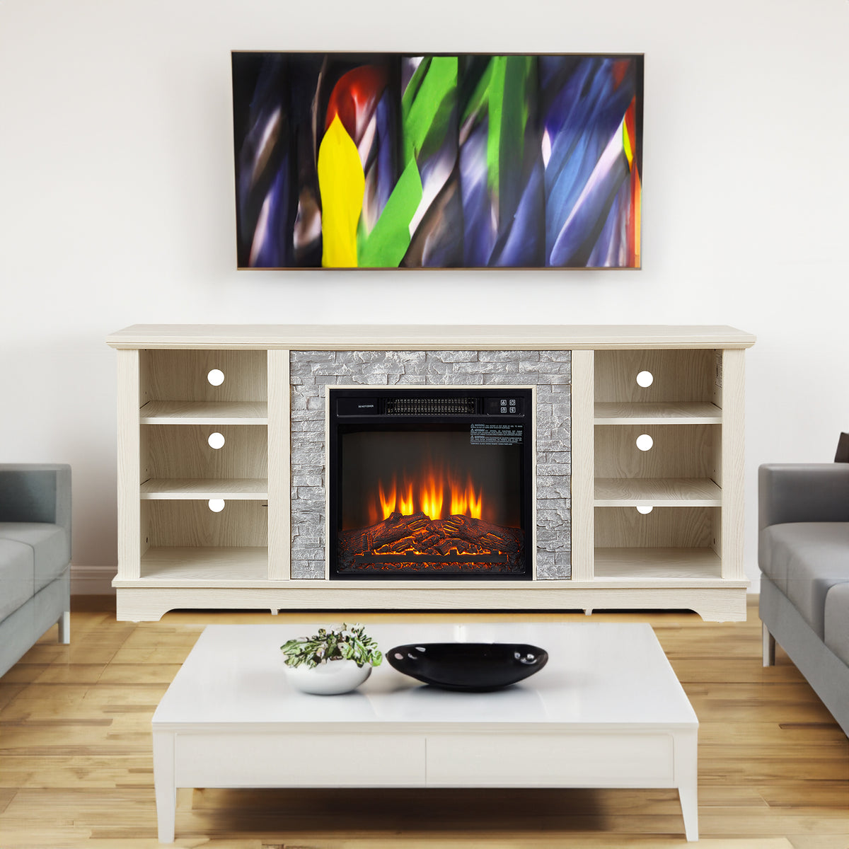 60-Inch Electric Fireplace Media Console White