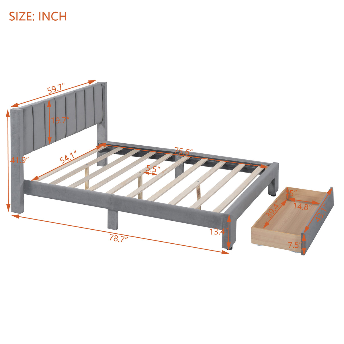 Velvet Platform Bed with Storage Drawer Gray