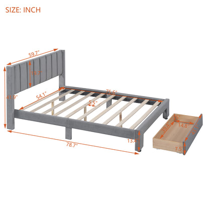 Velvet Platform Bed with Storage Drawer Gray