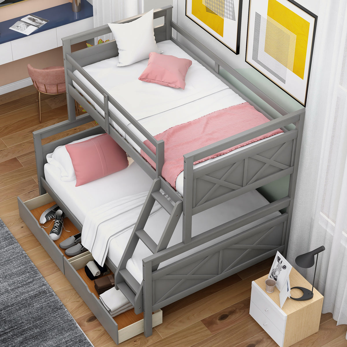 Twin Over Full Bunk Bed with Ladder Gray