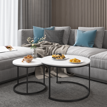 White 2-Piece Round Nesting Coffee Table Set – Marble-Look Wood Top with Metal Frame