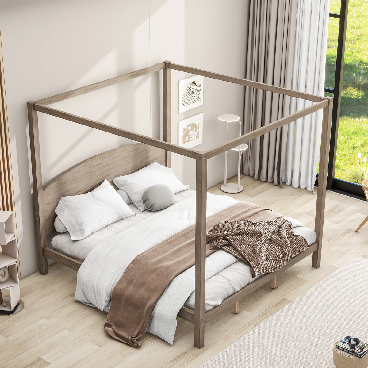 Canopy Platform Bed with Headboard Brown Wash