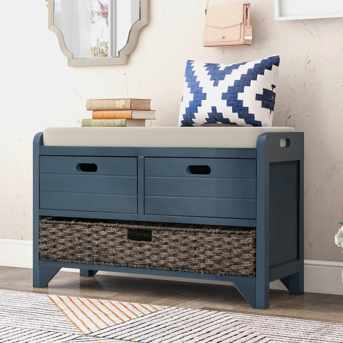 Navy Storage Bench with Rattan Basket