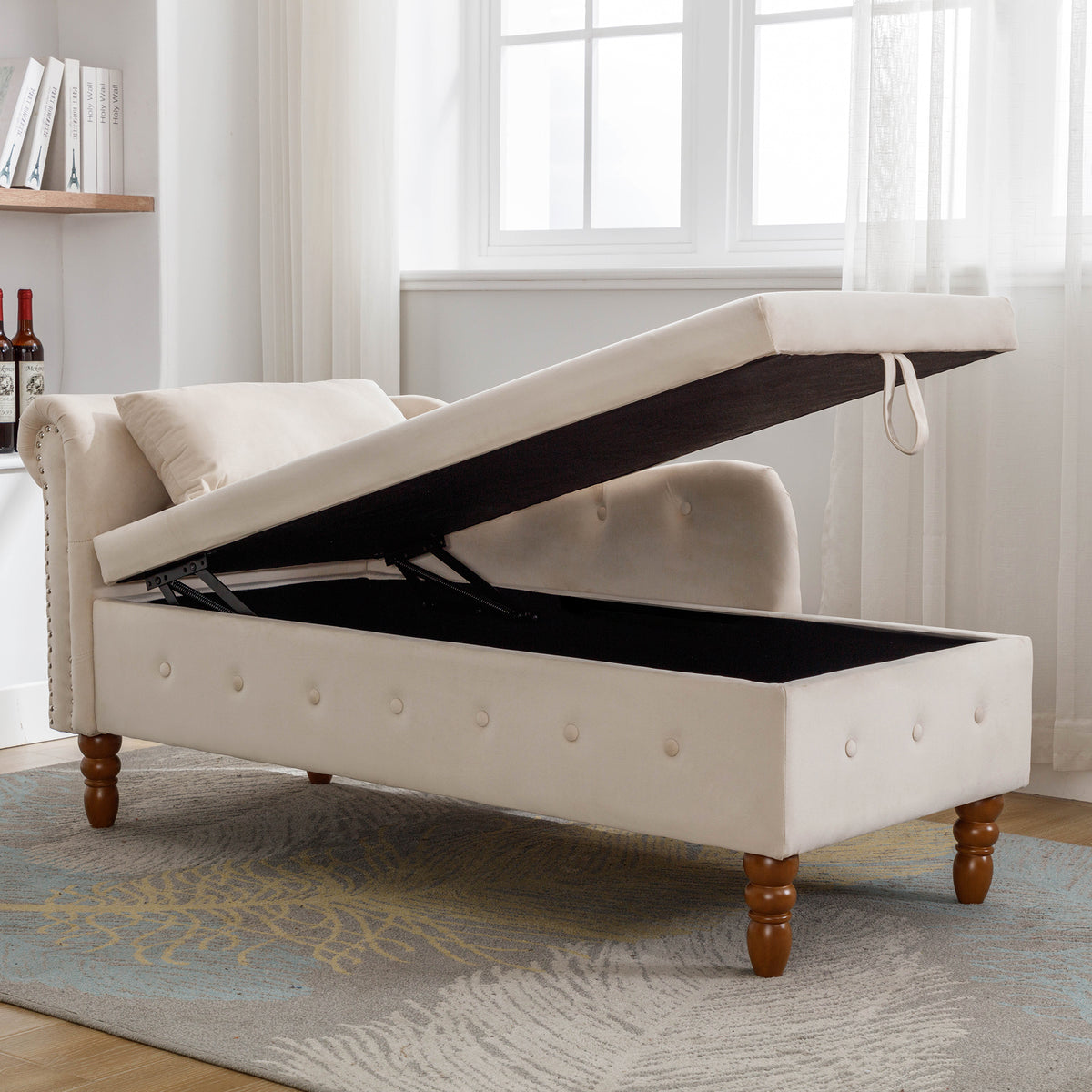 Beige Chaise Lounge with Storage and Pillow