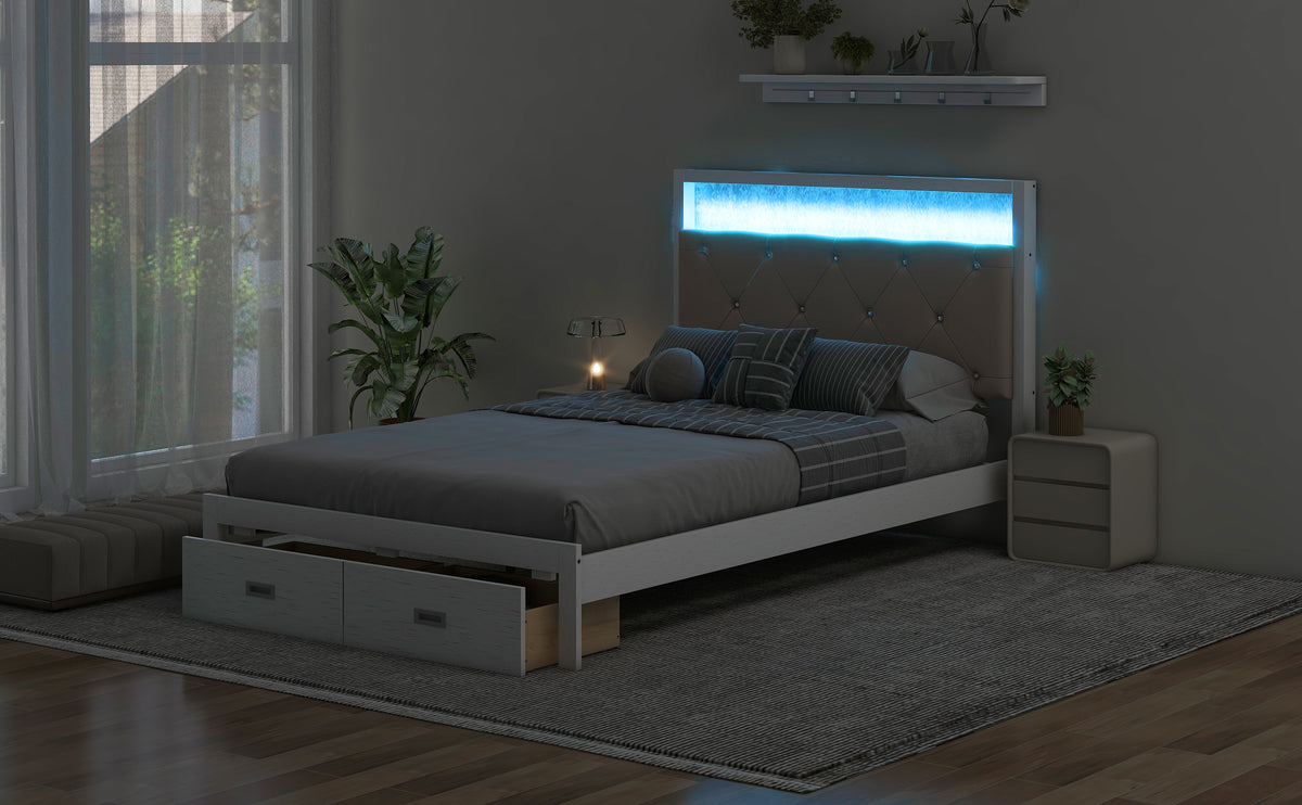 Full Platform Bed with LED Headboard White